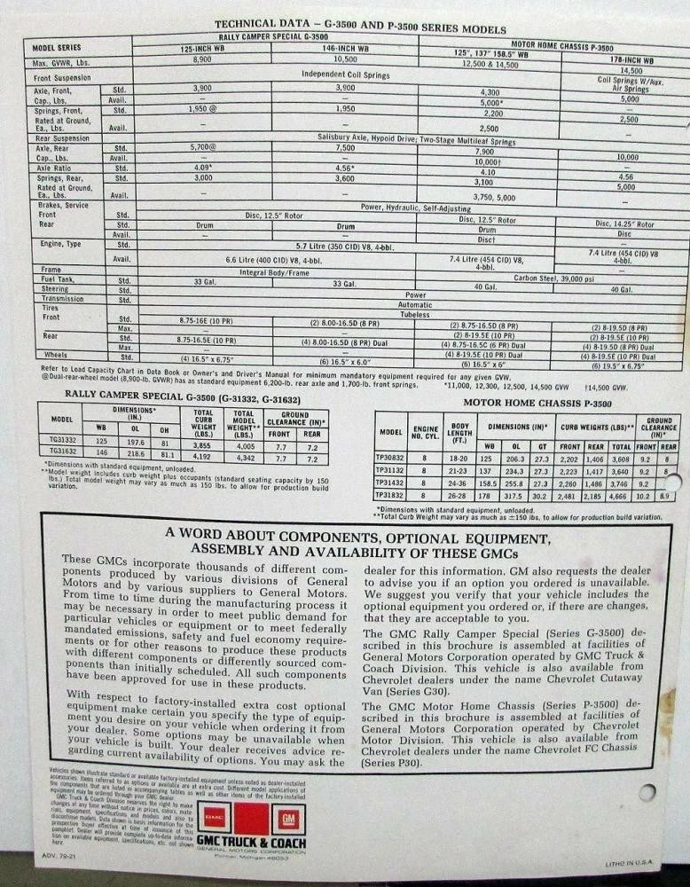 GMC Recreation Vehicles Chassis Camper Motor Home Sales Brochure (1979)