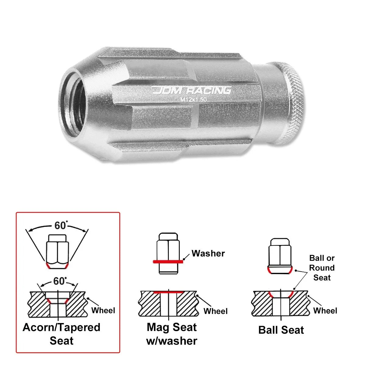 M12X1.5 Bulge Spline Wheel Lug Nuts Set of 20 + Lock Key - Silver JDM