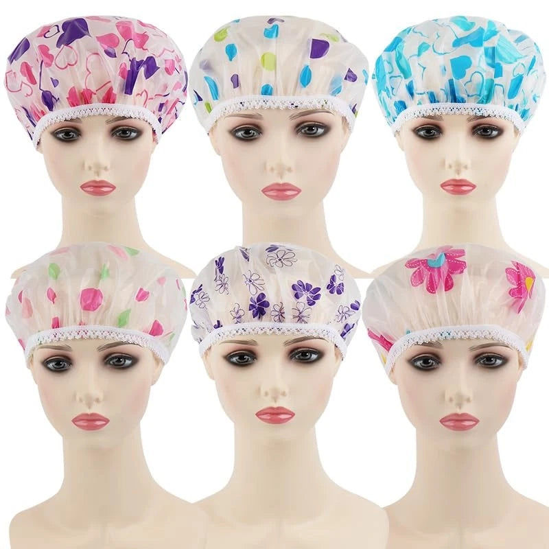 6 Pack Reusable Waterproof Shower Caps with Elastic Band 28cm