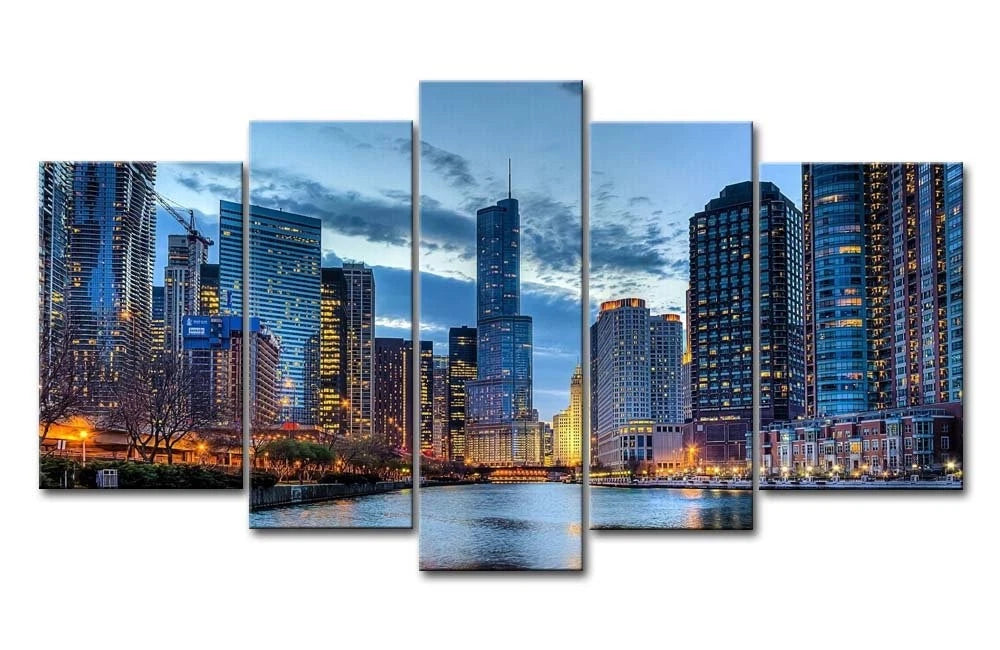 5 Panel Chicago Skyline Wall Art Canvas Prints