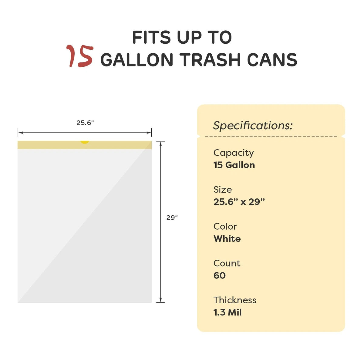 15 Gallon Drawstring Trash Bags, 1.3 Mil Ultra Thick (Set of 50)