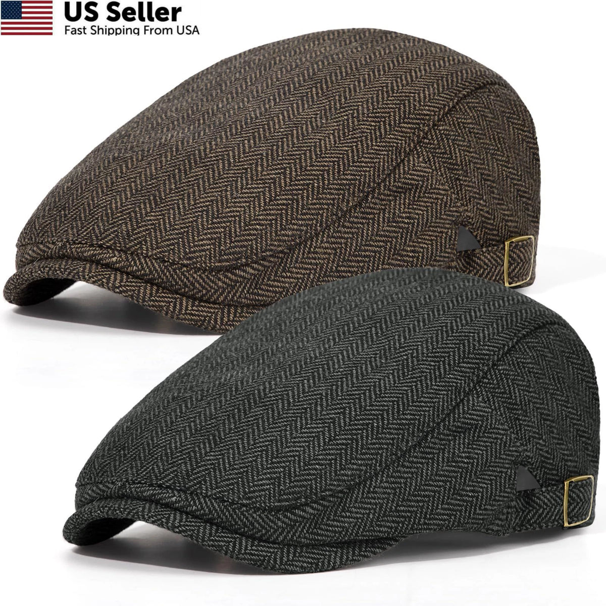 2X Newsboy Cap for Men - Adjustable, Black & Light Brown