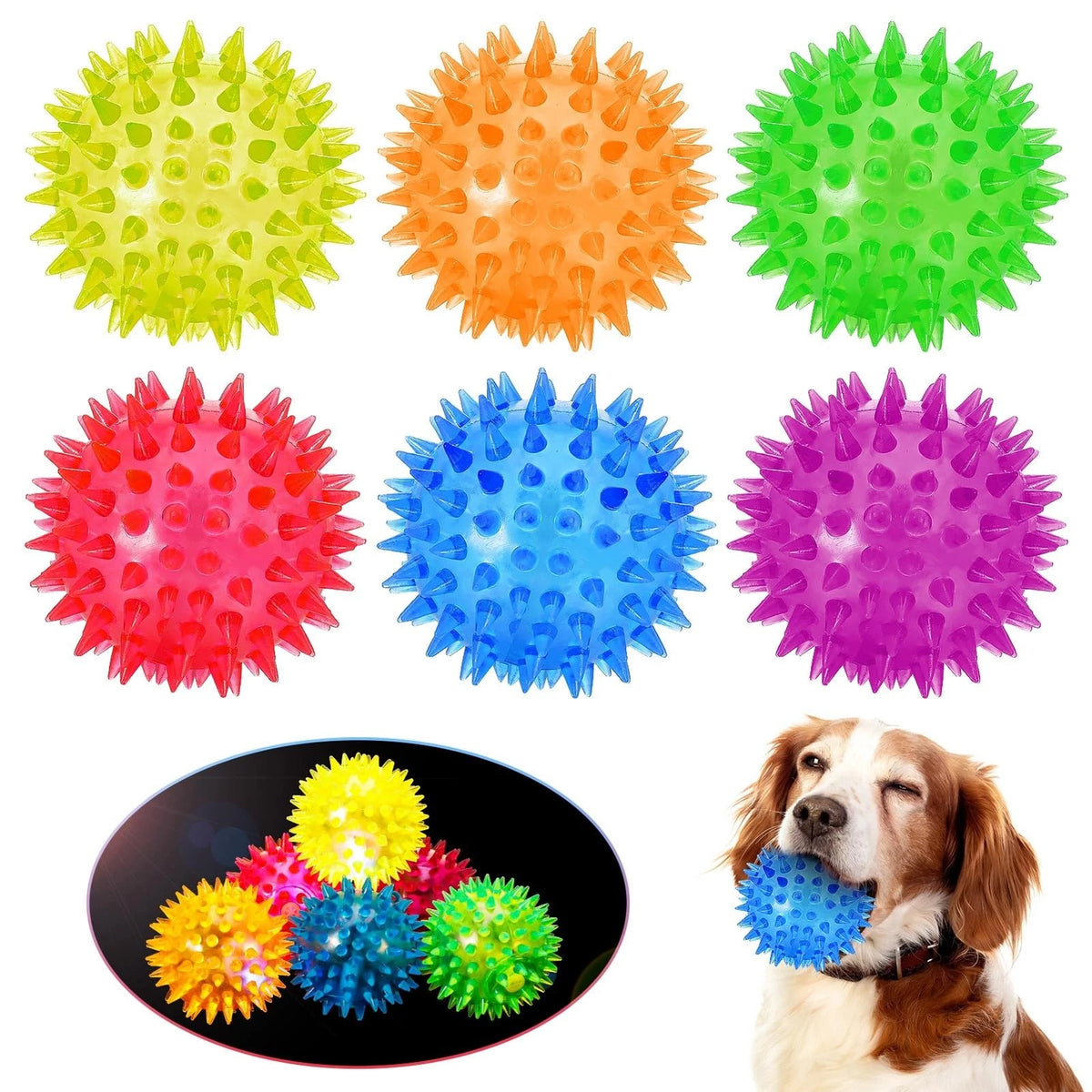 6X Light Up Spiky Ball Dog Chew Toy - Glow in the Dark