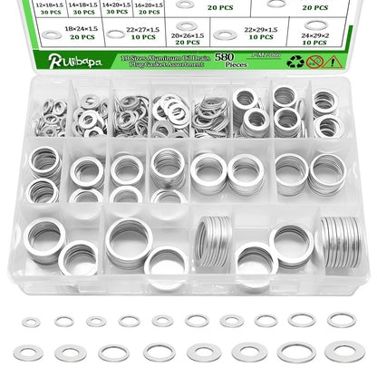 580PCS Oil Drain Plug Crush Washer Kit for (18 Sizes)