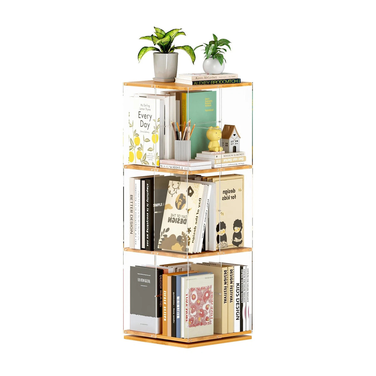 3-Tier Rotating Bookshelf for Home or Office (360° Spinning, Solid Wood)