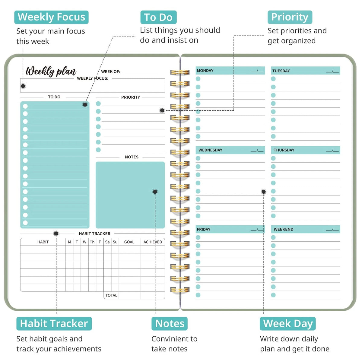 Weekly Planner Notebook with Goal & Habit Tracker