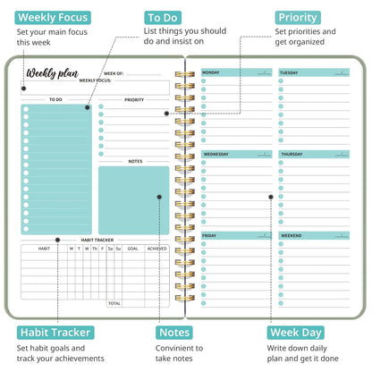 Weekly Planner Notebook with Goal & Habit Tracker
