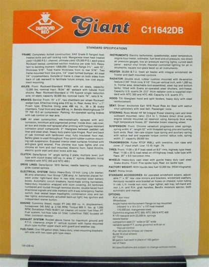 Specification Sheet for Diamond REO Truck Model C11642DB (1981)