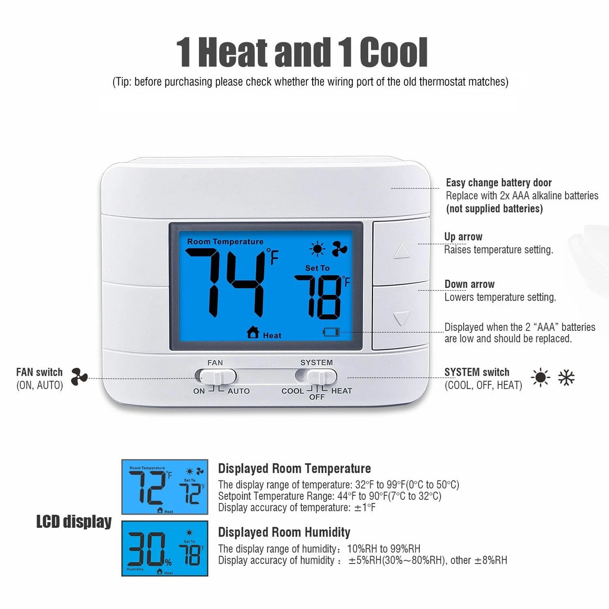 Non-Programmable Thermostats for House, Single-Stage 1 Heat/1 Cool