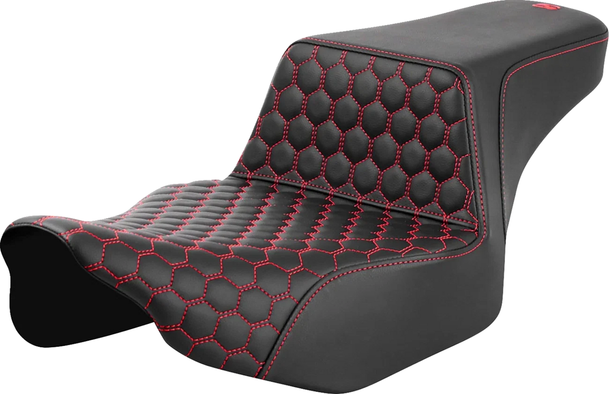 SADDLEMEN Step-Up Seat for Harley FL (Extended Reach, Honeycomb, Red Stitch)
