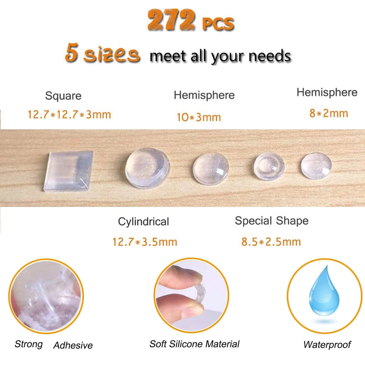 272PCS Clear Self-Adhesive Cabinet Door Bumpers - 5 Sizes Pack