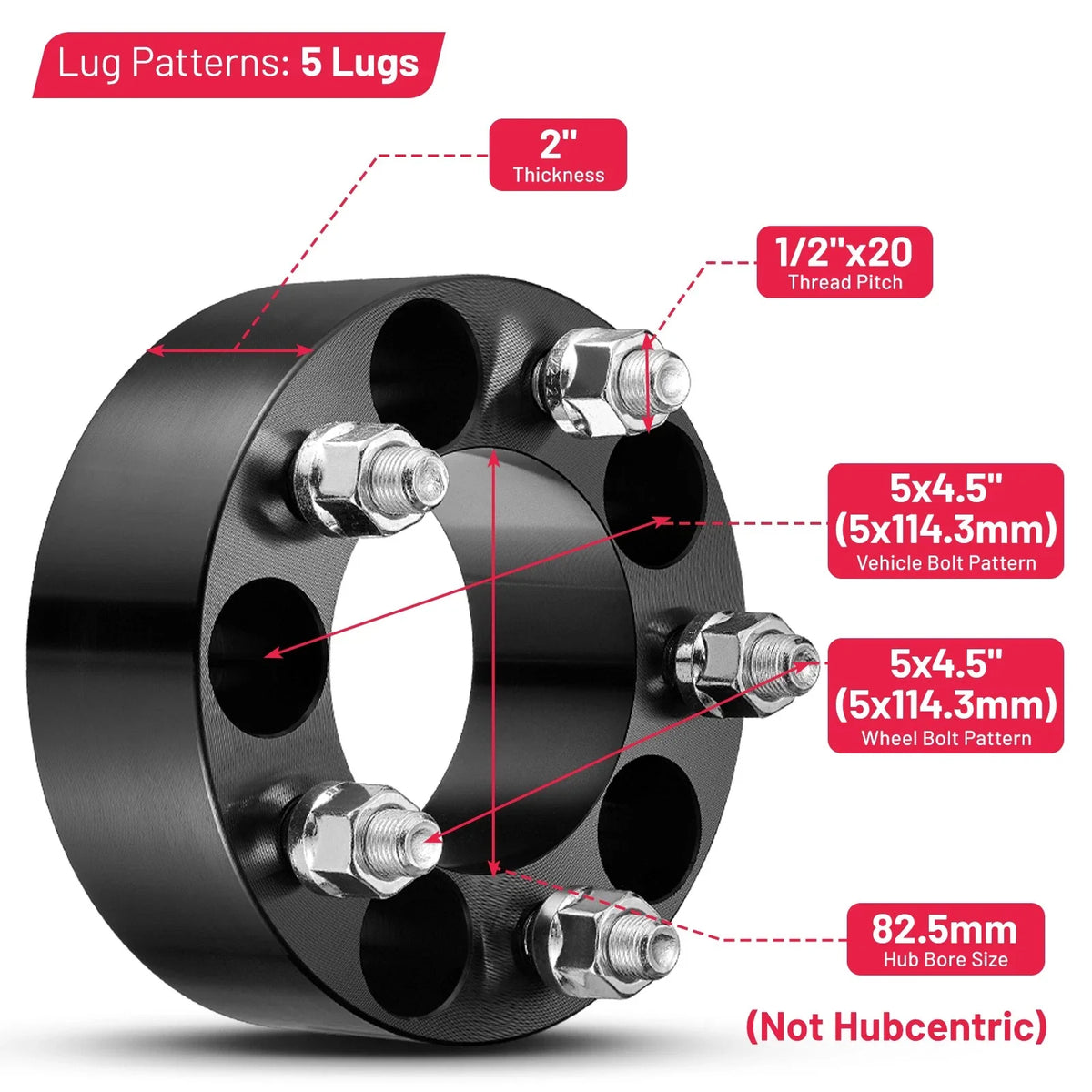 Set of 4 Wheel Spacers 2" 5x4.5 5x114.3 for Ford Mustang (1967–1973, 1994–2014)
