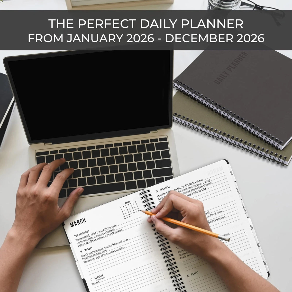 Durable Daily Planner for 2026 (7" x 10", Black)