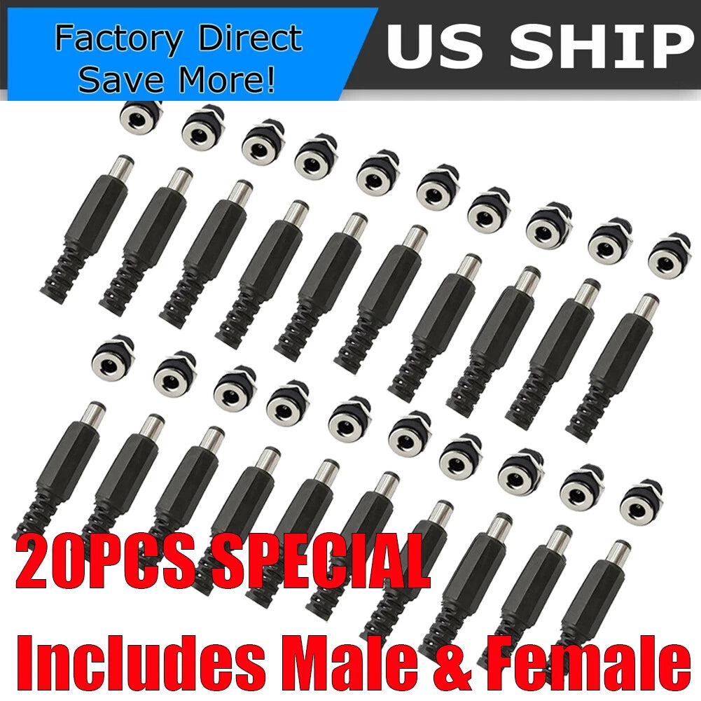 20X Male Barrel Jack Plug Female Socket Panel Mount DC 12V Power Connectors