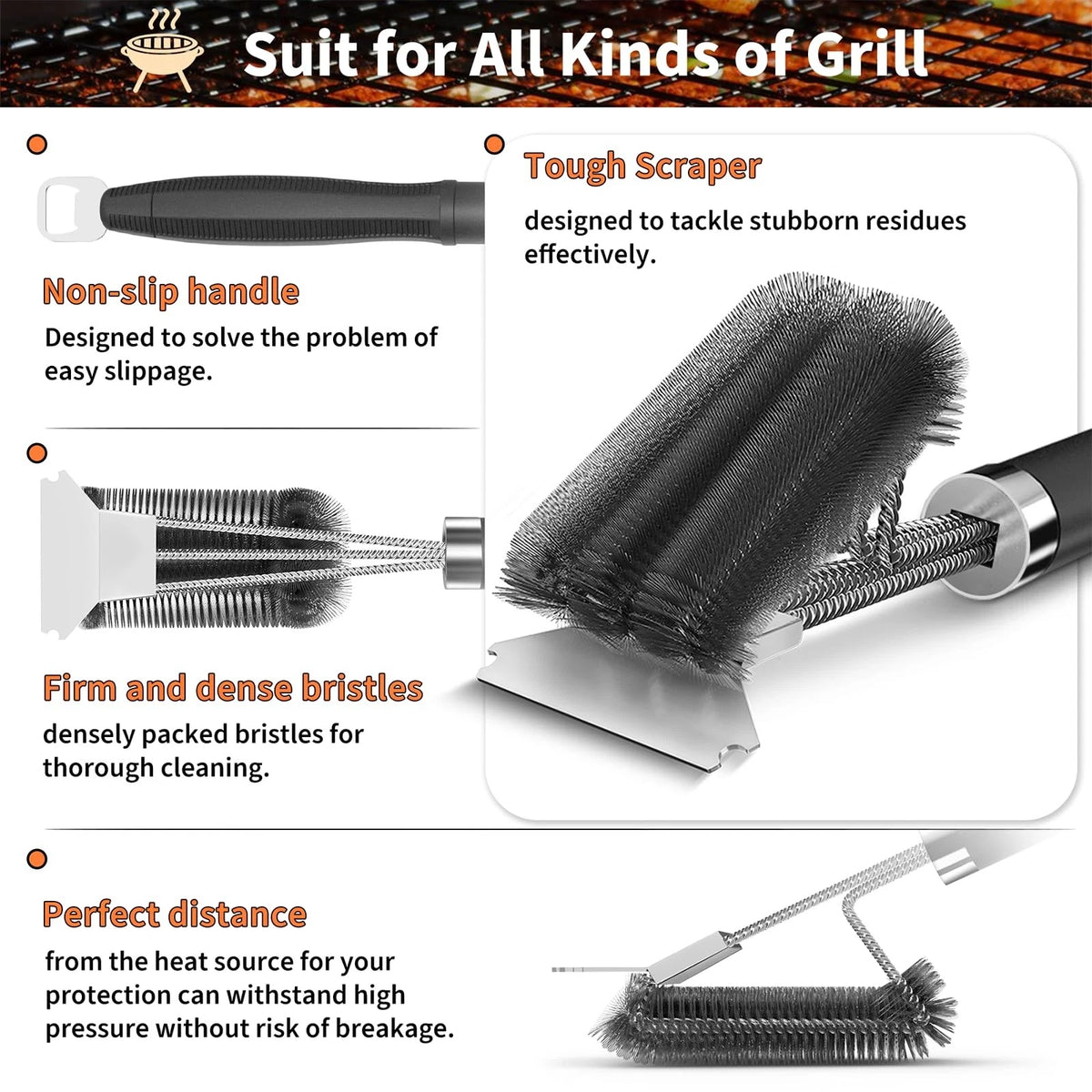 Grill Brush and Scraper for BBQ (Adjustable Handle, 3-Branch, Matte Black)