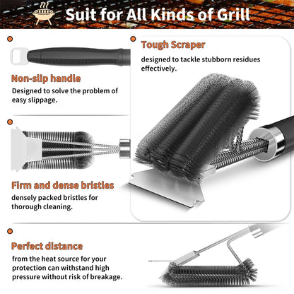 Grill Brush and Scraper for BBQ (Adjustable Handle, 3-Branch, Matte Black)
