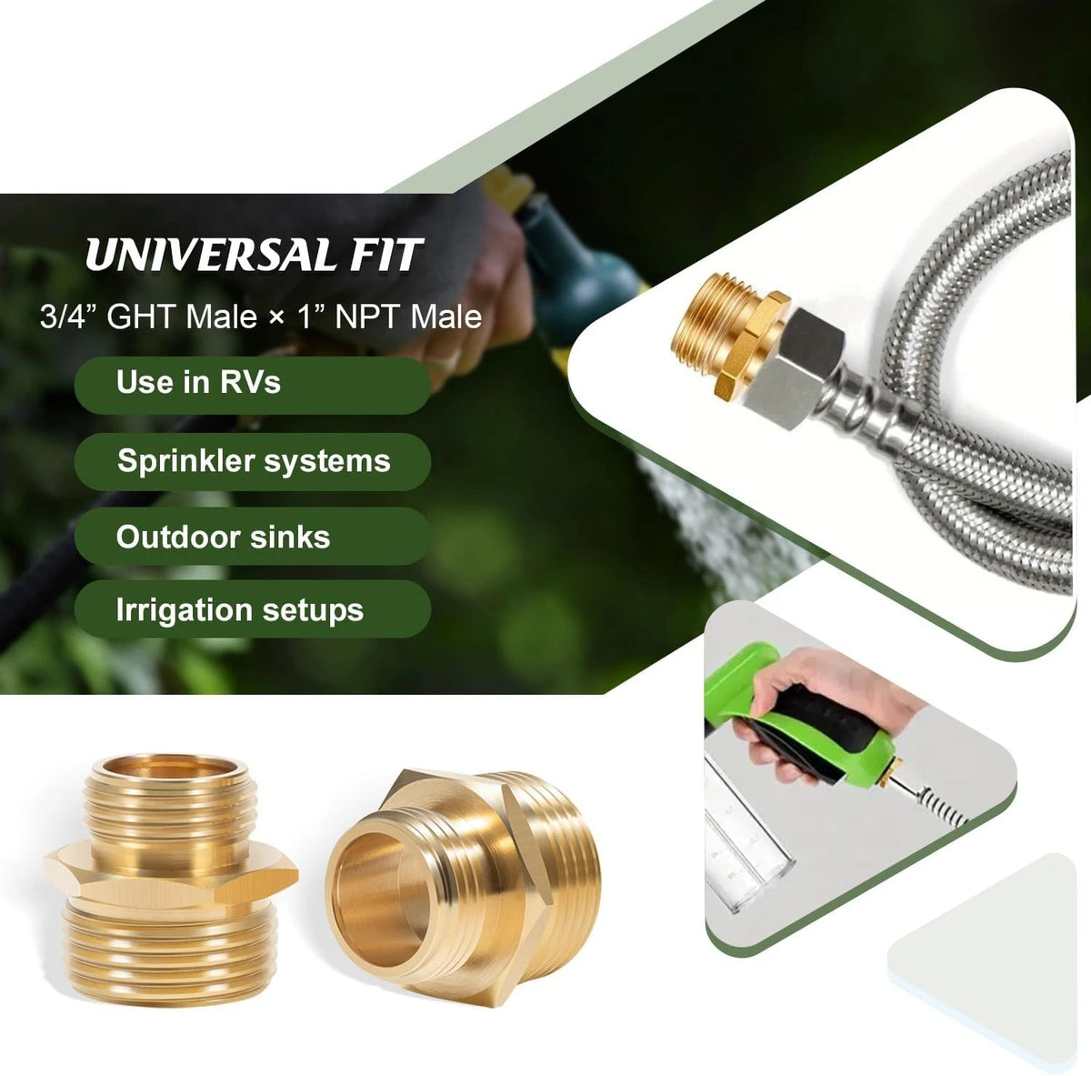 3/4" GHT Male to 1" NPT Male Brass Adapter for Garden Hose Connector