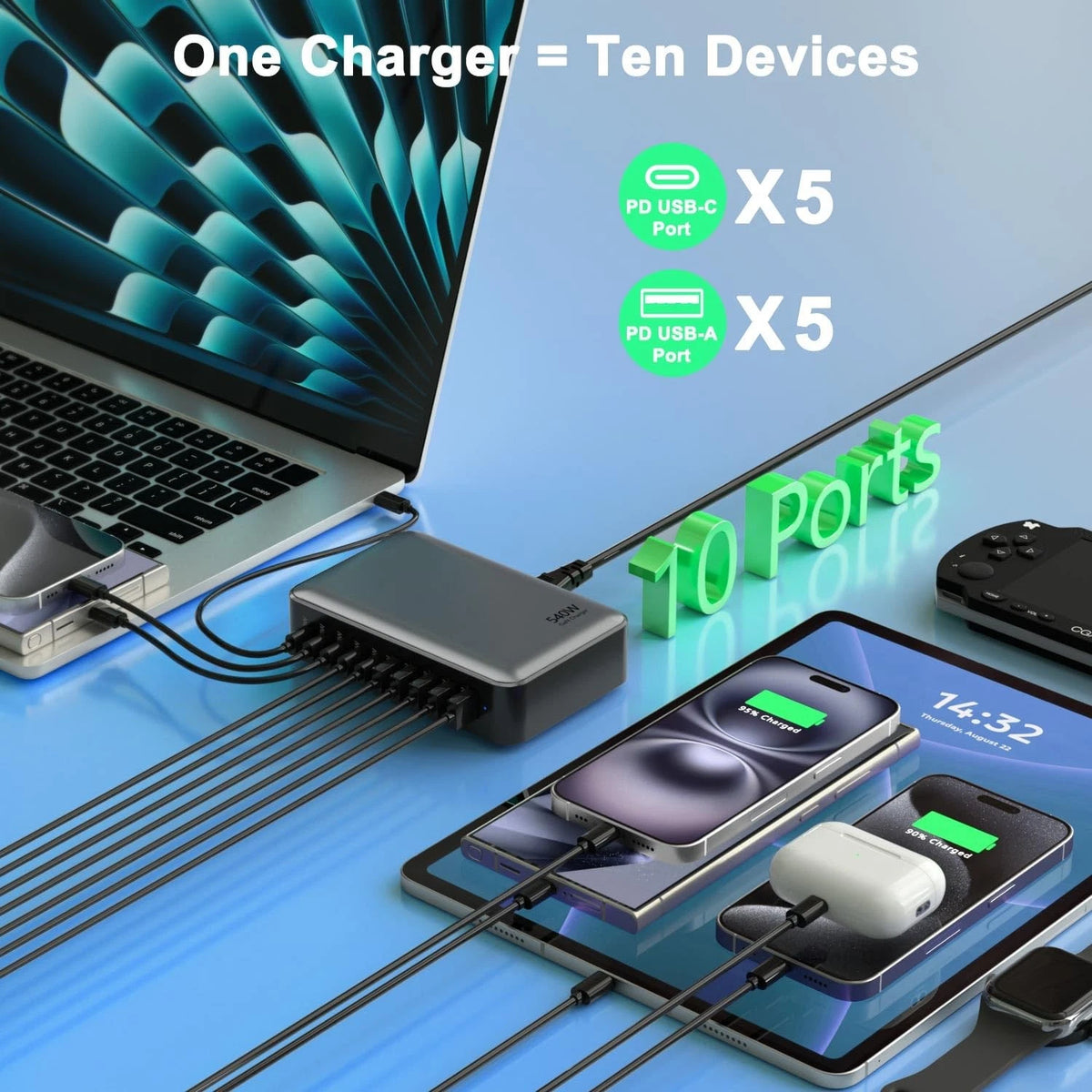 10-Port USB C Charger Block for Multi-Device Charging (No Specific Years)
