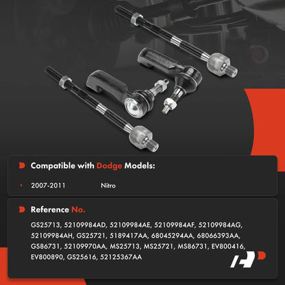 Set of 4 Front Inner & Outer Tie Rod Ends for Dodge Nitro (2007–2011) - 52109984AD, 52109984AE, 52109984AF, 52109984AG, 52109984AH