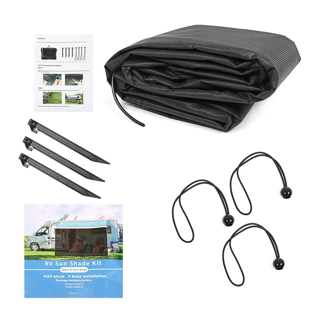 Set of 2 UV RV Awning Sun Shade Privacy Screen Kit 9'x10'3" Black BCK85162K