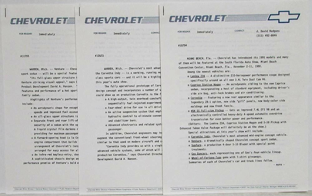 Media Information Press Kit for Chevrolet Corvette Indy Lumina Caprice S-10 (1991)