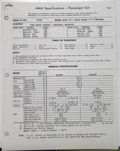 Edsel Ranger Corsair Specification Questionnaire (1959)