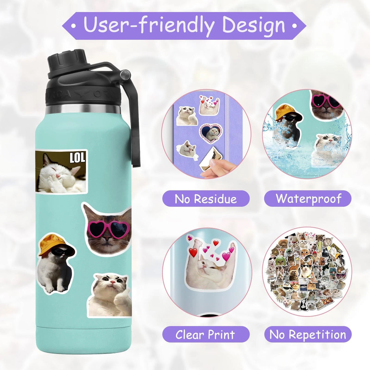 100 Pcs Cat Stickers Vinyl Waterproof Decals for Laptop Water Bottle