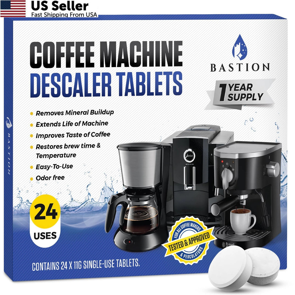 24 Count Coffee Machine Cleaner & Descaler Tablets for All Models