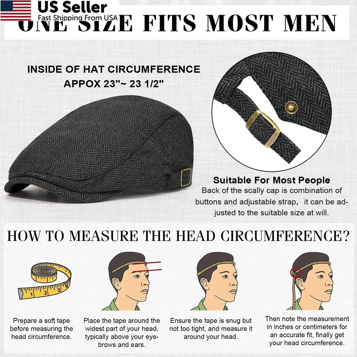 2X Newsboy Cap for Men - Adjustable, Black & Light Brown