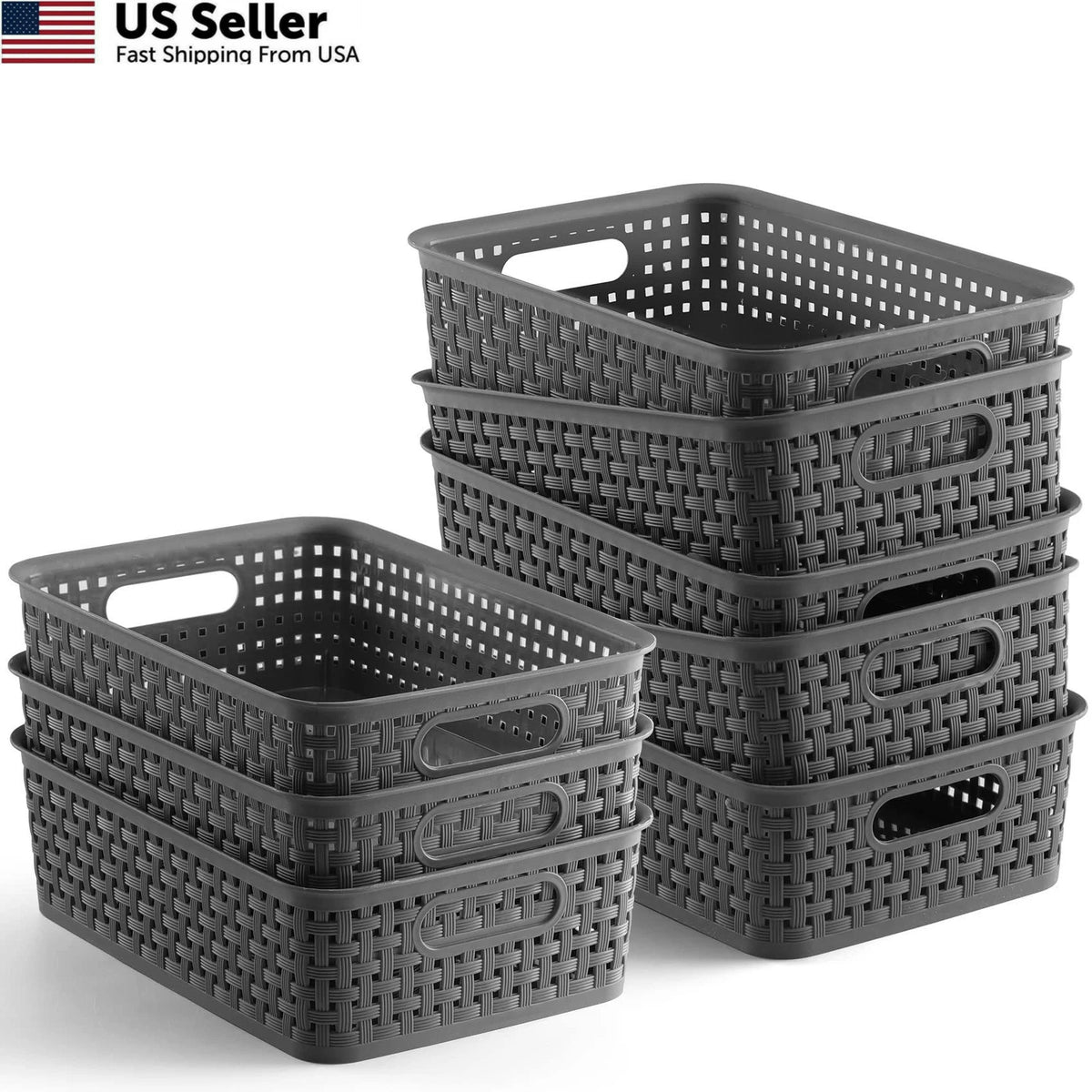 8 Pack Plastic Storage Baskets 10.6" L x 7.2" W x 3.2" H, Gray
