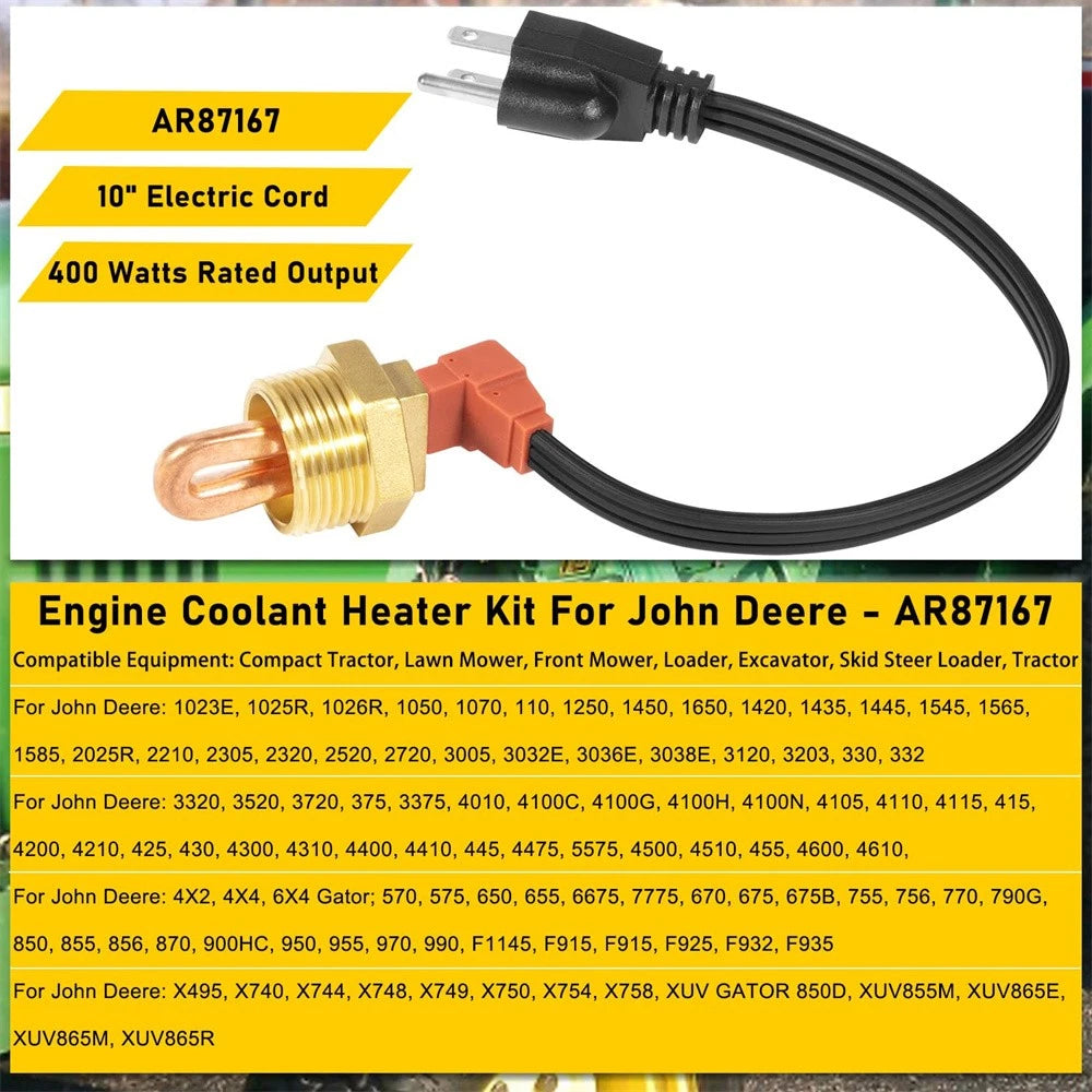 Engine Block Coolant Heater Kit for John Deere Compact Utility Tractor
