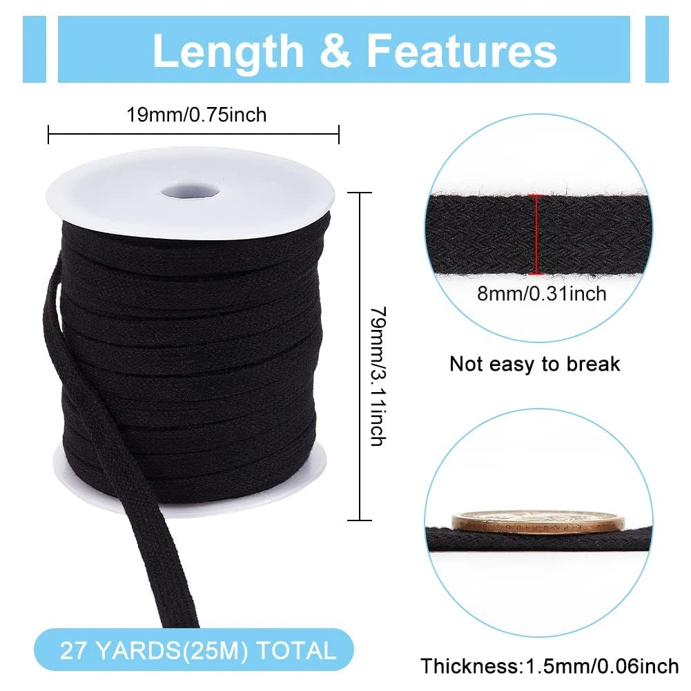 27 Yards Black Flat Replacement Cotton Cords, 8mm Wide Drawstring Rope