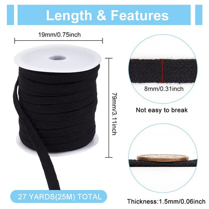27 Yards Black Flat Replacement Cotton Cords, 8mm Wide Drawstring Rope