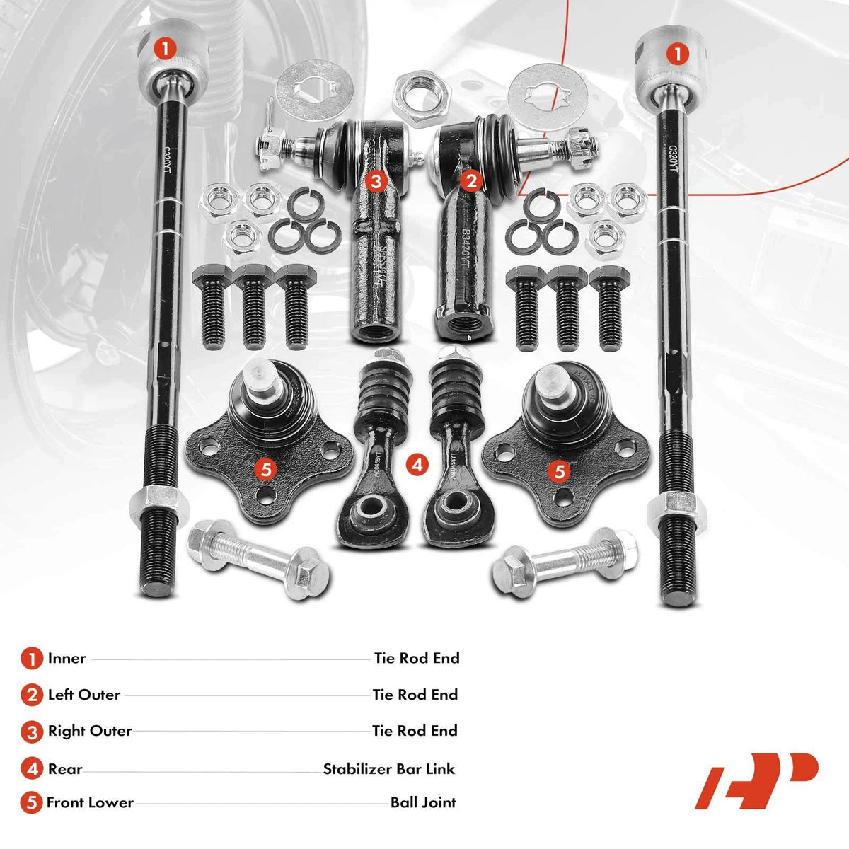 Set of 8 Ball Joints & Sway Bar Tie Rods for Ford Contour Mercury (1995–2000) - 1S8Z3050AA, F5RZ3078B, F5RZ3079B, F8RZ3078BA, F8RZ3079BA, K8683, K80458, ES3470, ES3471, EV320