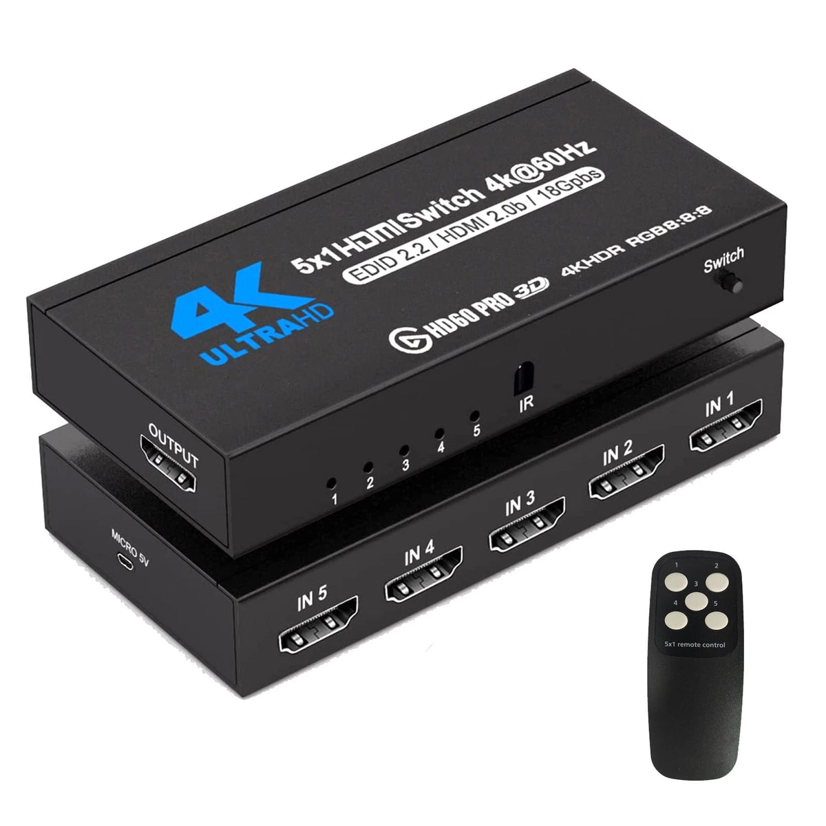 5x1 HDMI Switch Adapter for 4K@60Hz with IR Remote