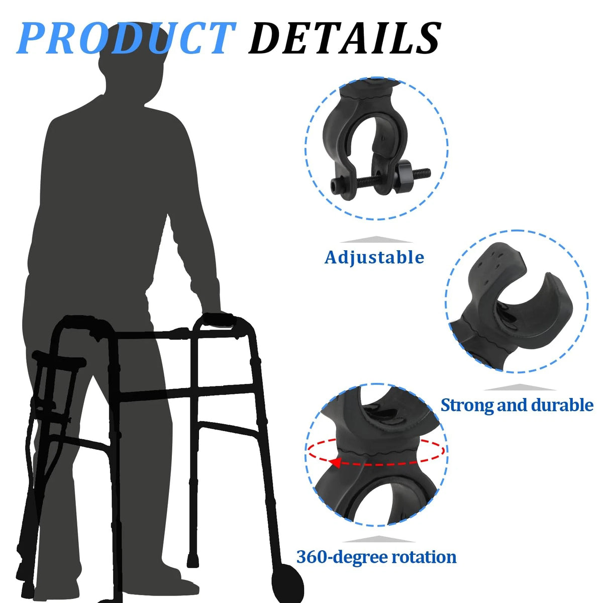 2X Cane Holder for Walker, Universal Rollator, Black