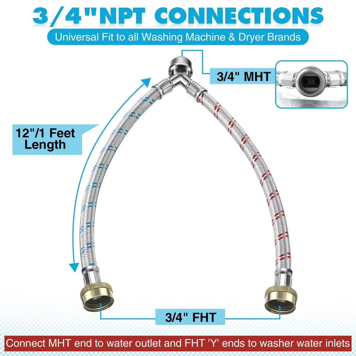 1 Ft Y Connector Hose for Washing Machine