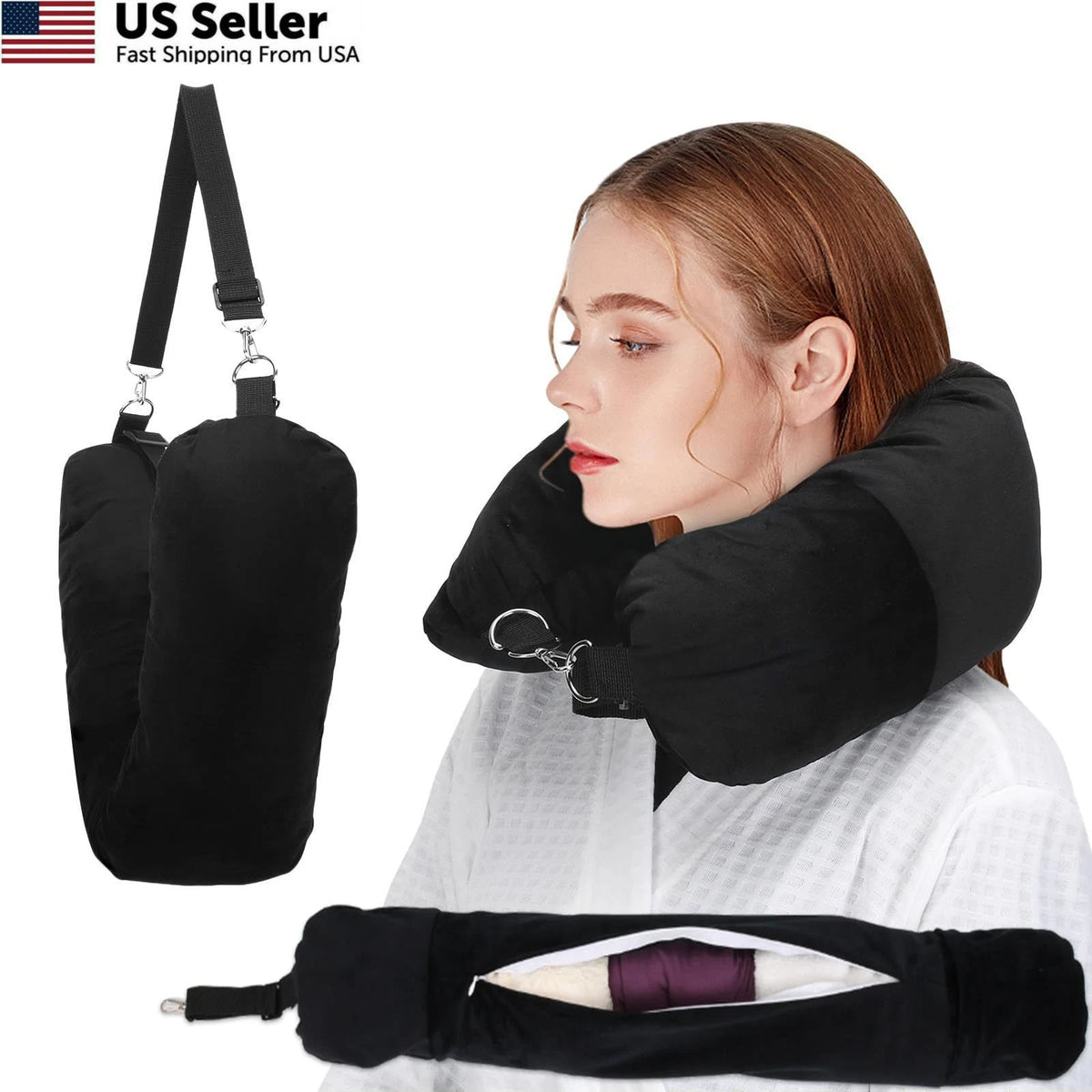 Stuffable Travel Pillow for Neck Support - Black