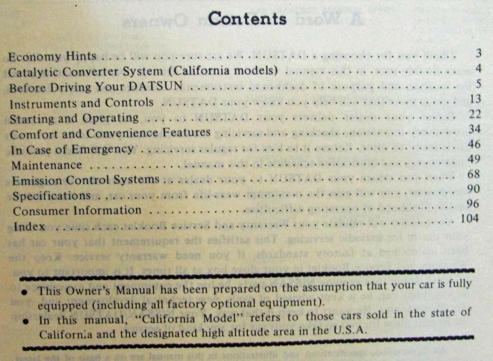Owners Manual for Datsun 200SX Model S10 (1977)