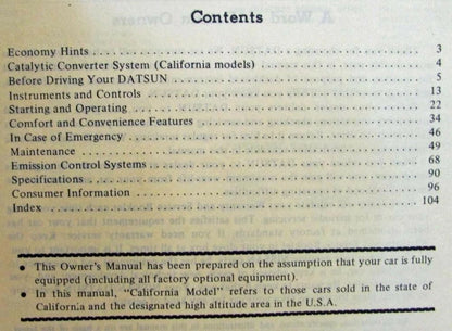 Owners Manual for Datsun 200SX Model S10 (1977)