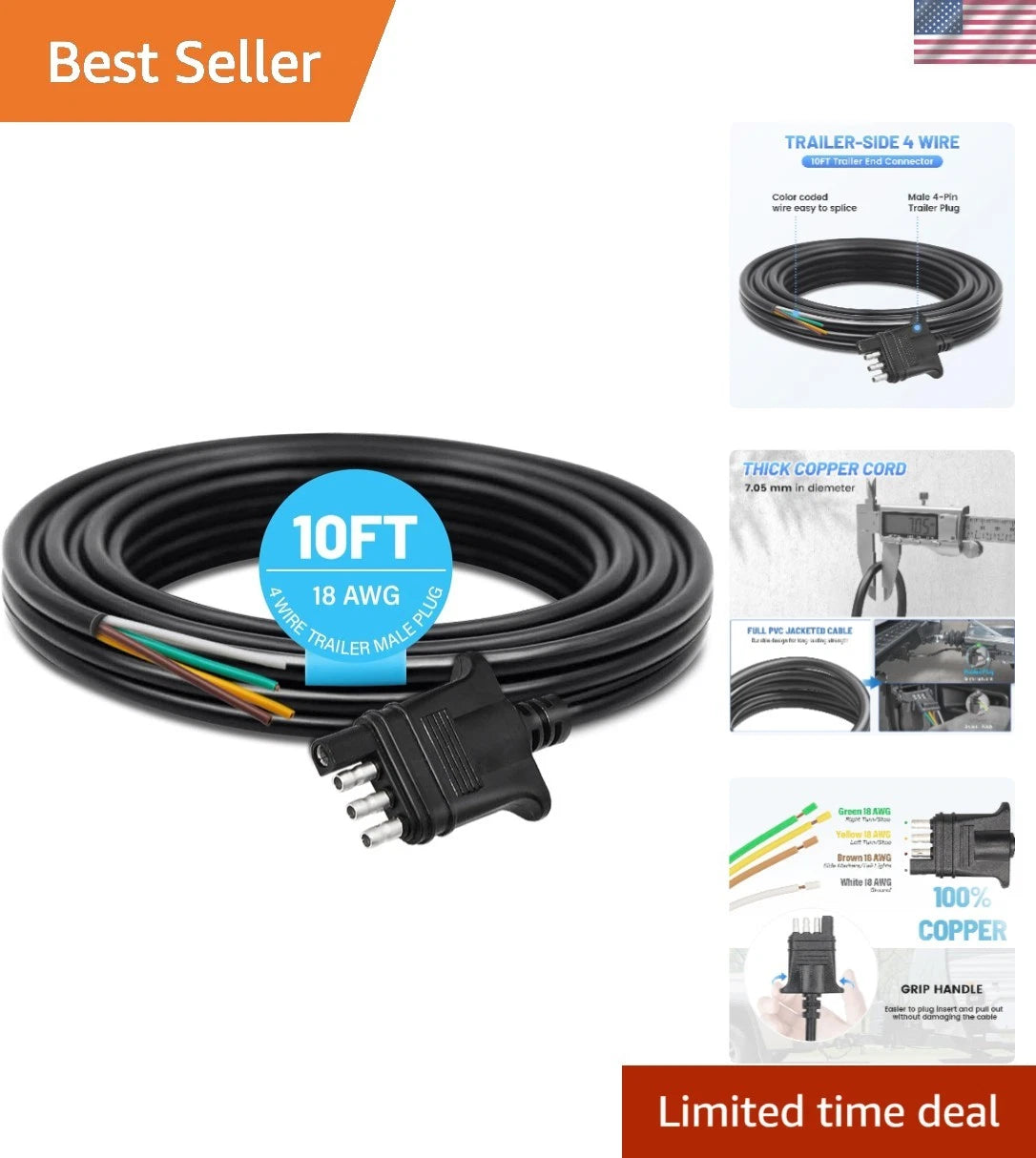 10 Feet Heavy-Duty 4 Pin Trailer Wiring Harness for Easy Use