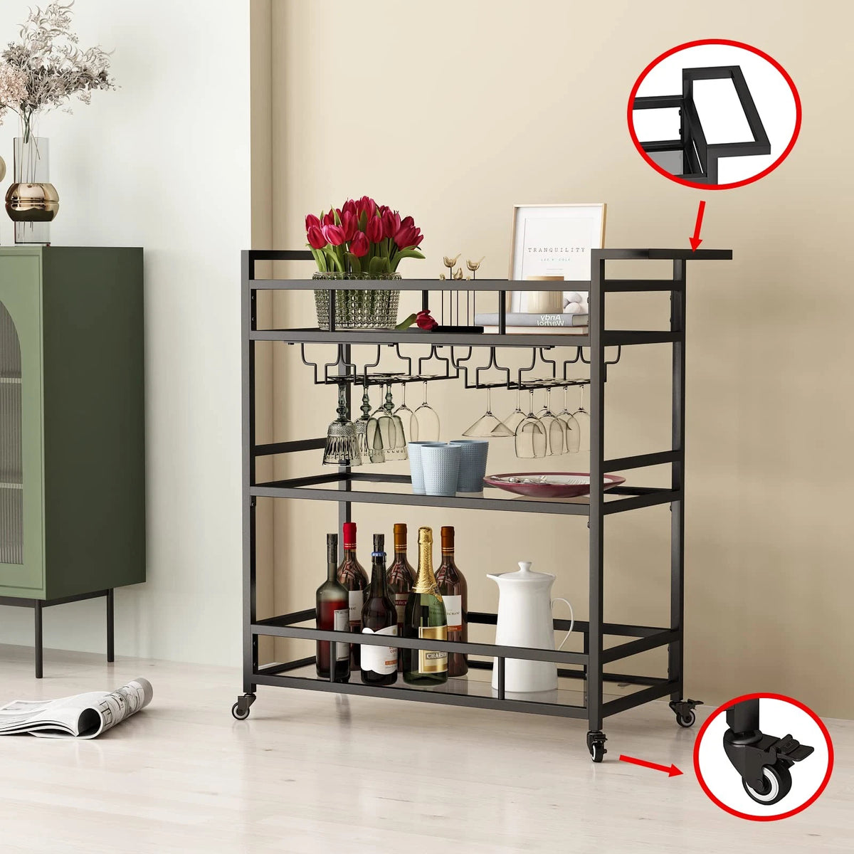 Set of 2 Black Metal Bar Carts with 3 Tier Glass Shelves