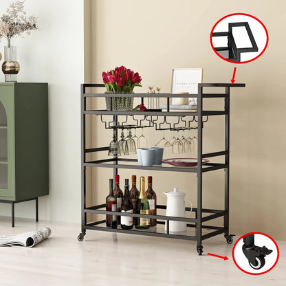 Set of 2 Black Metal Bar Carts with 3 Tier Glass Shelves