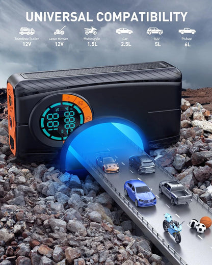 Portable Car Jump Starter with Air Compressor & LED Light for Universal Use