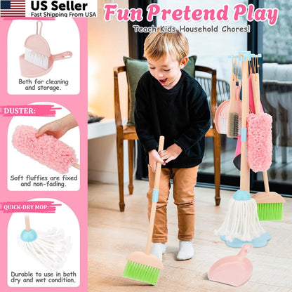 Kids Cleaning Set for Toddler (Wooden Broom, Pink)