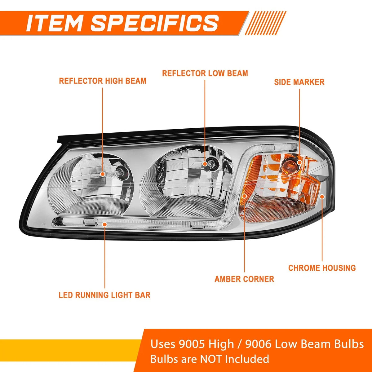 LED Daytime Running Light Headlight for 2000–2005 Chevy Impala, Chrome