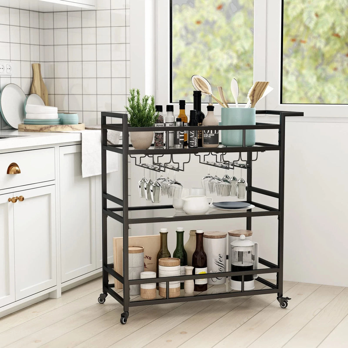 Set of 2 Black Metal Bar Carts with 3 Tier Glass Shelves