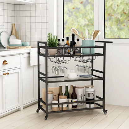 Set of 2 Black Metal Bar Carts with 3 Tier Glass Shelves