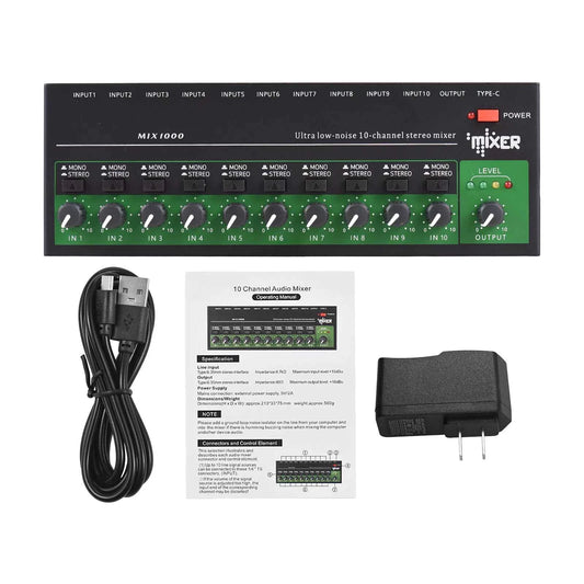 1 PC Metal 10 Channel Stereo Mono Audio Mixer with 6.35mm TRS/TS Jacks
