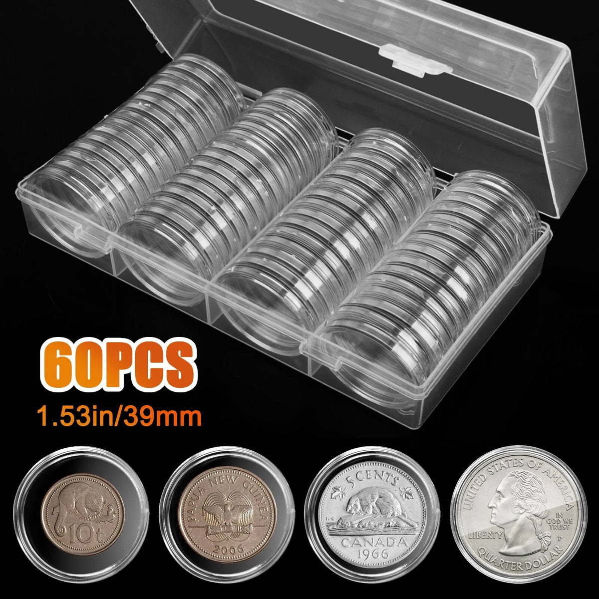 60PCS Coin Holder Capsules Case 39mm Clear for 1 Oz Silver Dollar